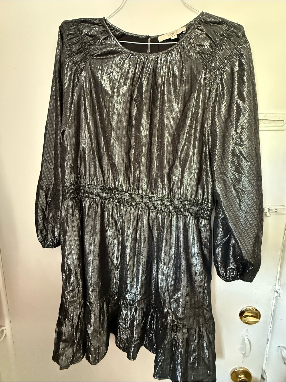 LOFT Metallic Black Long Sleeve Ruffle Hem Dress